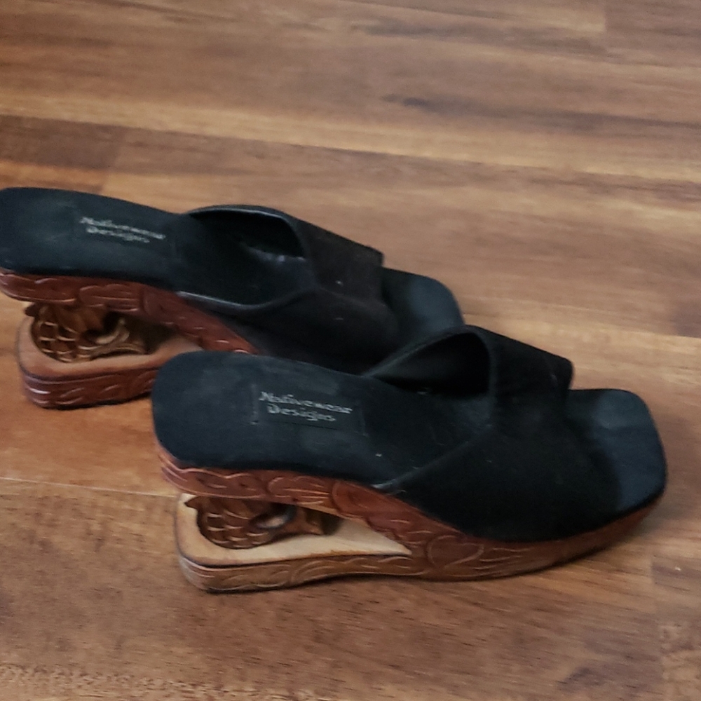 Black sueded wooded mules by Nativewear Design